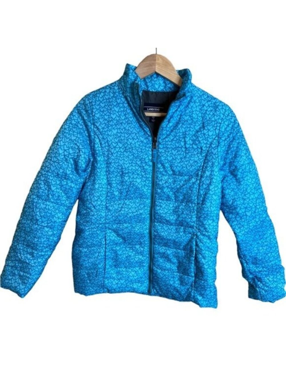 Lands’ End Puffer Jacket Girls Size XL 16 Turquoise Blue Zip Front Heart Pattern